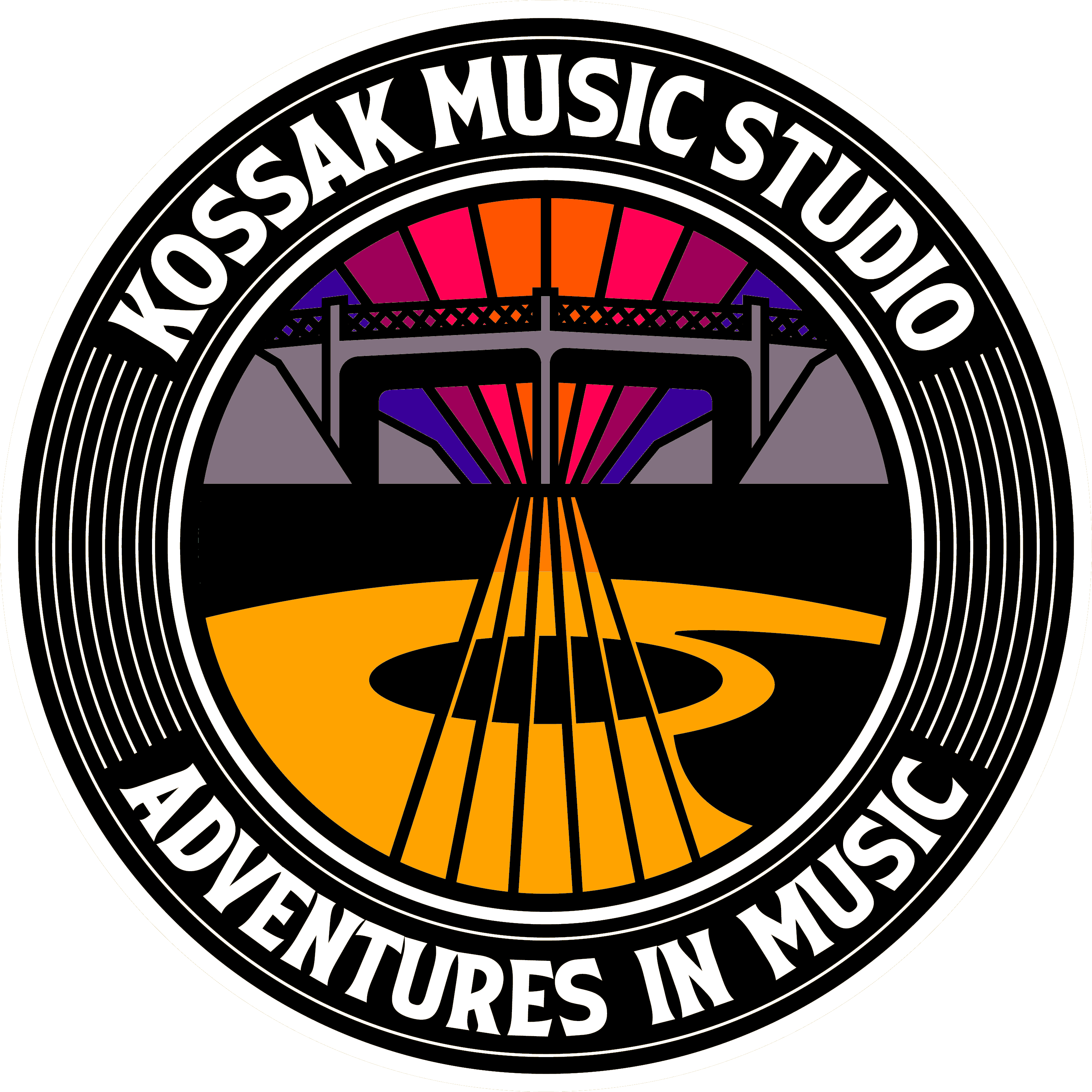 Kossak Music Studio logo — a golden guitar against a sunset